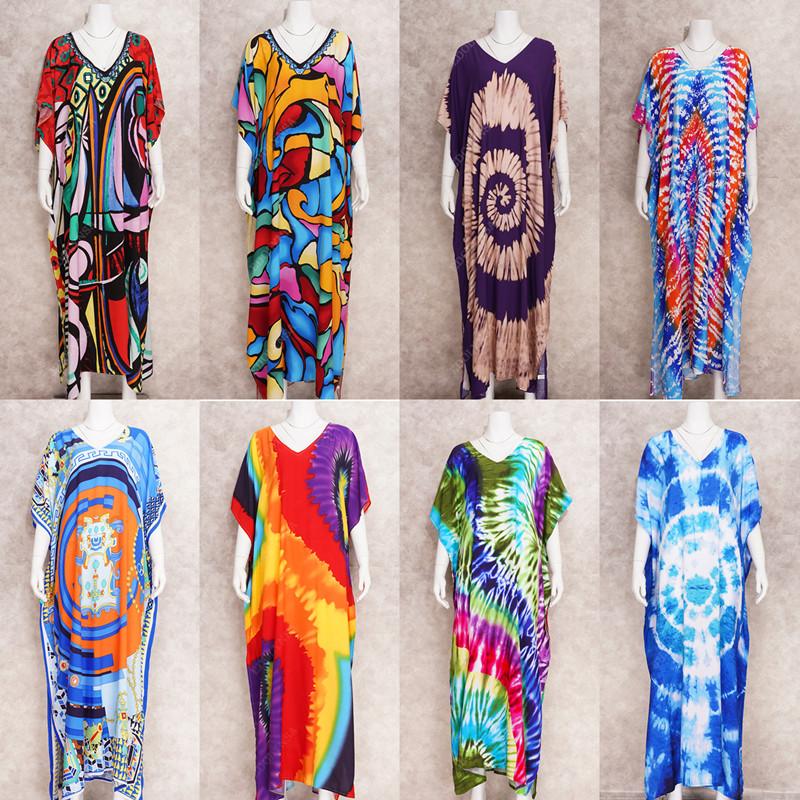 2022 Multicolored Kaftan Bohemian Printed V-neck Batwing Sleeve Street Wear Maxi Dress Women Beach Wear Swim Suit Cover Up Q1342
