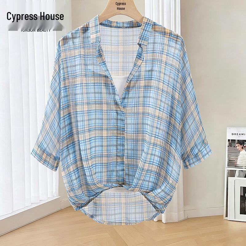 Women s Plaid Lapel Shirt & Camisole Two-Piece Set One Size синий