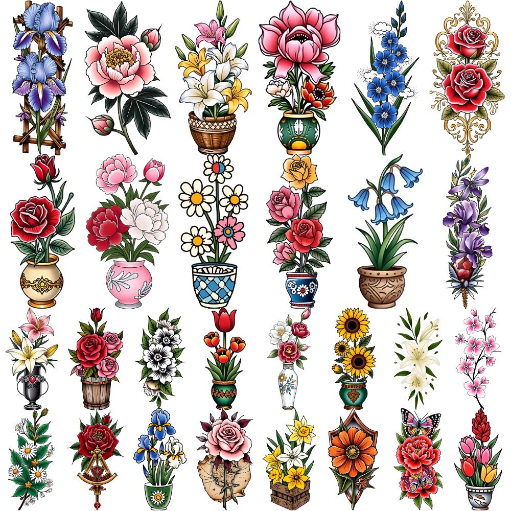 28pcs Temporary Tattoo Waterproof Long-lasting Body Stickers Sunflowers Lilies Daisies For Adults Women Chest