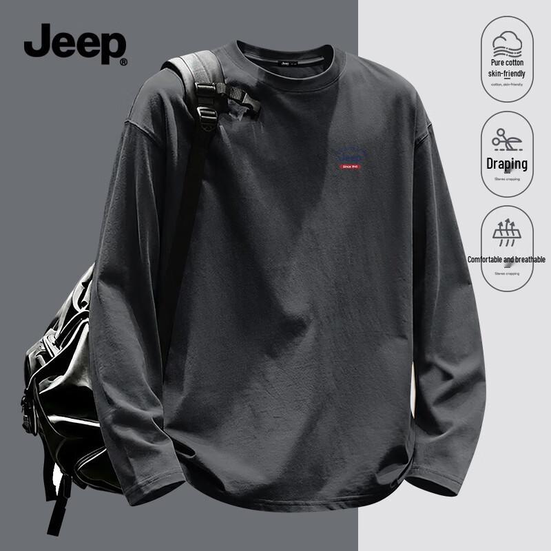 JEEP Men's Heavyweight 220G Pure Cotton Crew Neck Long Sleeve T-Shirt