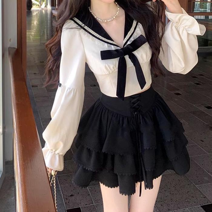 Korejský preppy mašle námořnický top s dlouhým rukávem a midi sukně s vysokým pasem set
