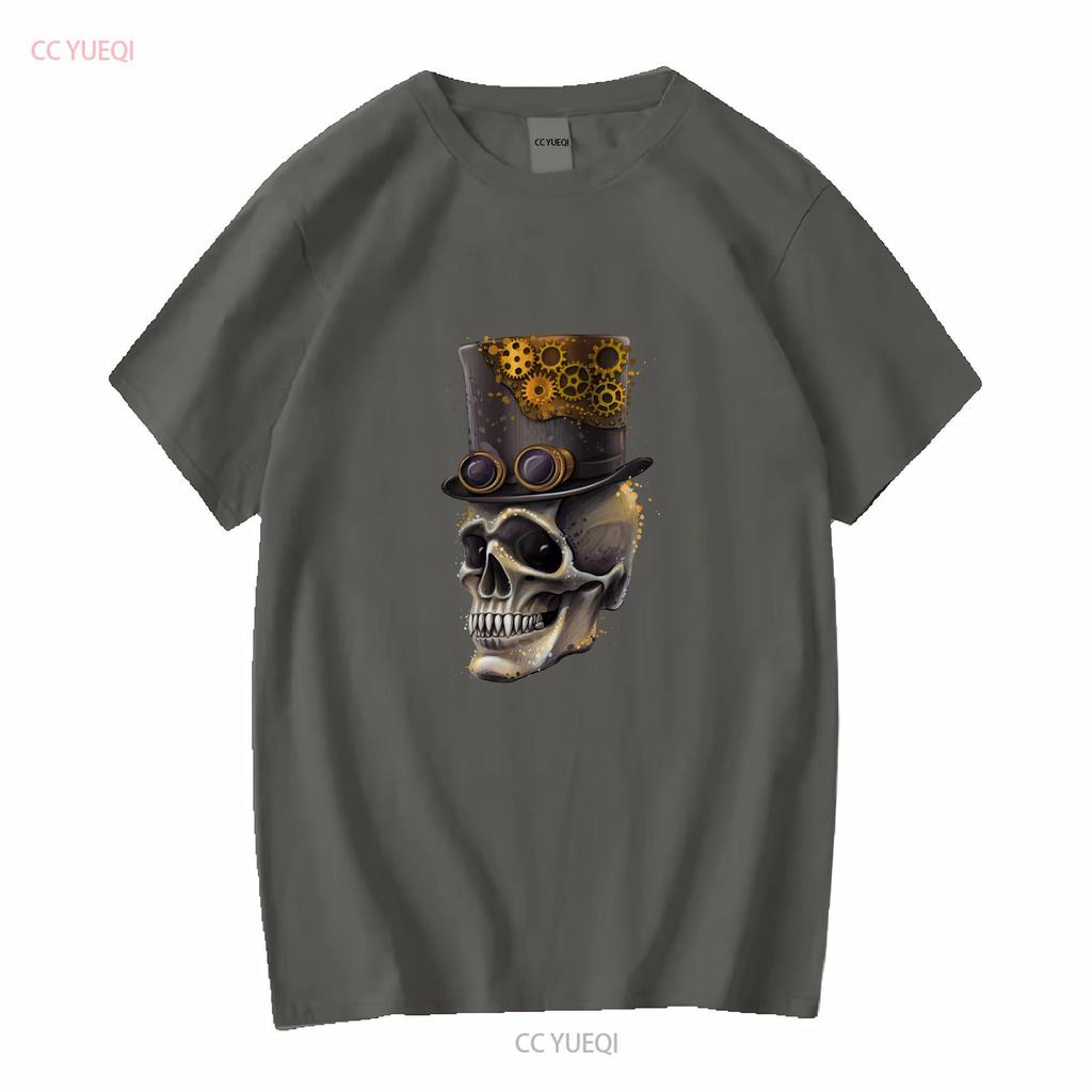 Steampunk Skull Unisexs Cotton T Shirt Top Long Or Short Sleeves Vintage Washed Versatile Top For Everyday Wear Stylish