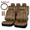 AUTOYOUTH Funda de Asiento de Coche de Lujo con Estampado de Leopardo Ajuste Universal, Protectores para Cinturón de Seguridad, y Volante Universal de 15" para Coche