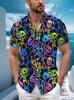 Hawaiian Tropical Vibrant Skull Pattern Print Men'S Casual Shirt - Short Sleeve Button Design, Suitable for Outdoor And Casual Wear In Summer