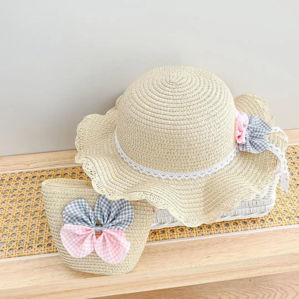 2pcs set Straw Hat And Shoulder Bag Girls Princess Summer Outdoor Fisherman Hats Baby Kids Lace Bowknot Beach Sun Cap Visor