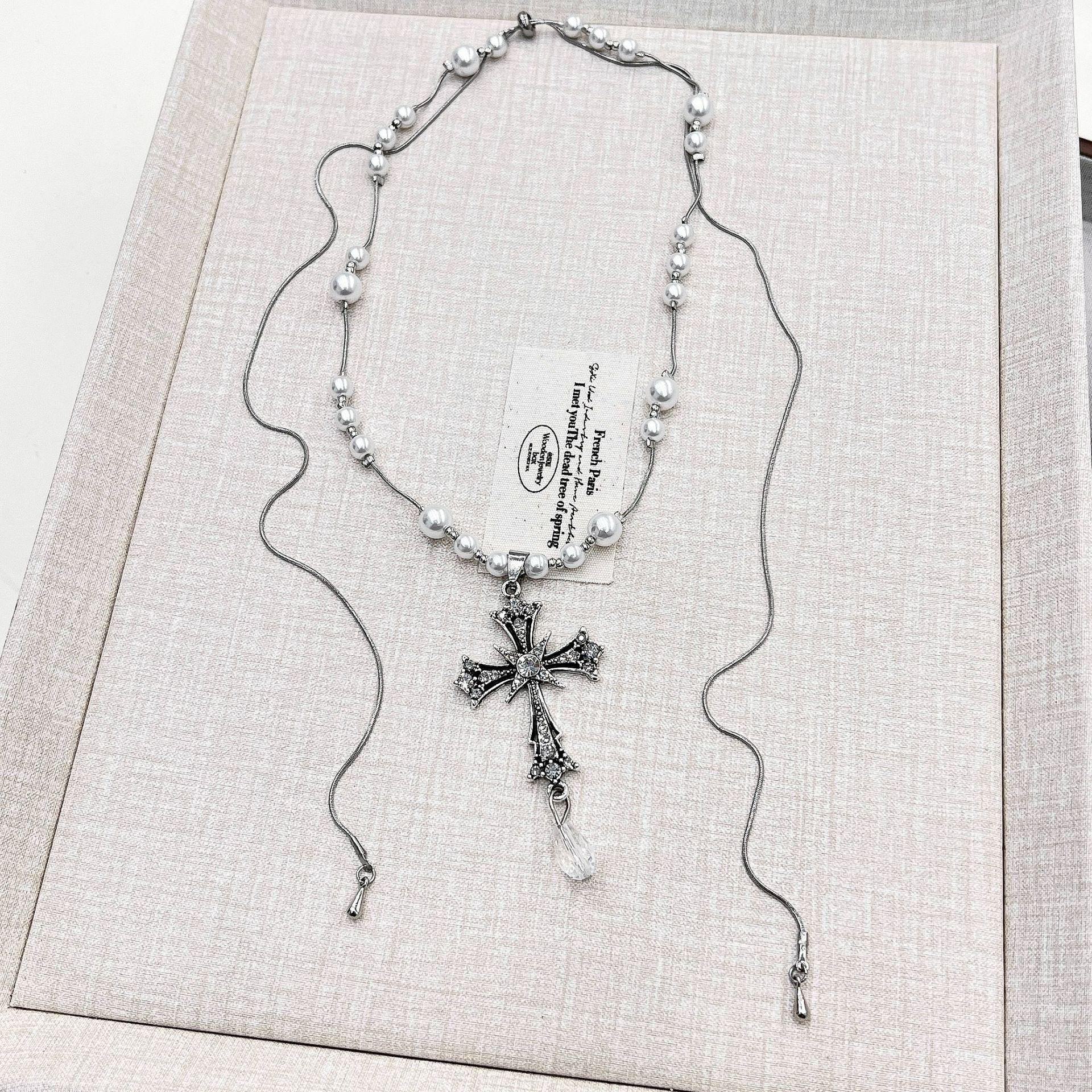 

Цепочка для свитера с подвеской в виде жемчужного креста - милый, крутой, хип-хоп, уникальный темпераментный аксессуар для ключицы Pearl Tassel Cross Necklace