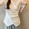 Large size design sense irregular front shoulder V-neck short-sleeved T-shirt women's summer new fat mm waist cover outer wear top