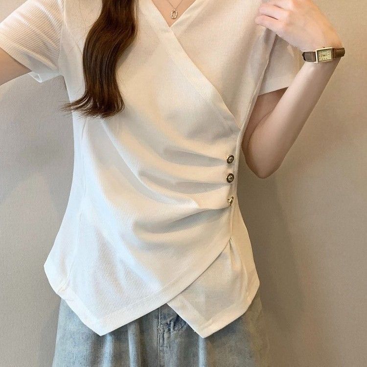 Large size design sense irregular front shoulder V-neck short-sleeved T-shirt women's summer new fat mm waist cover outer wear top