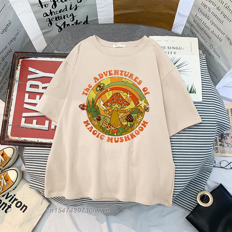 Material Retro Apricot Mushroom Cute T Shirts Oneck Casual 100 Cotton Plus Size Unisex Unisex Tshirts 2022 Streetwear Clothes
