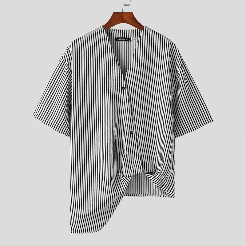 

INCERUN Мужские летние полосатые футболки Повседневные топы с косой пряжкой и коротким рукавом L чёрный