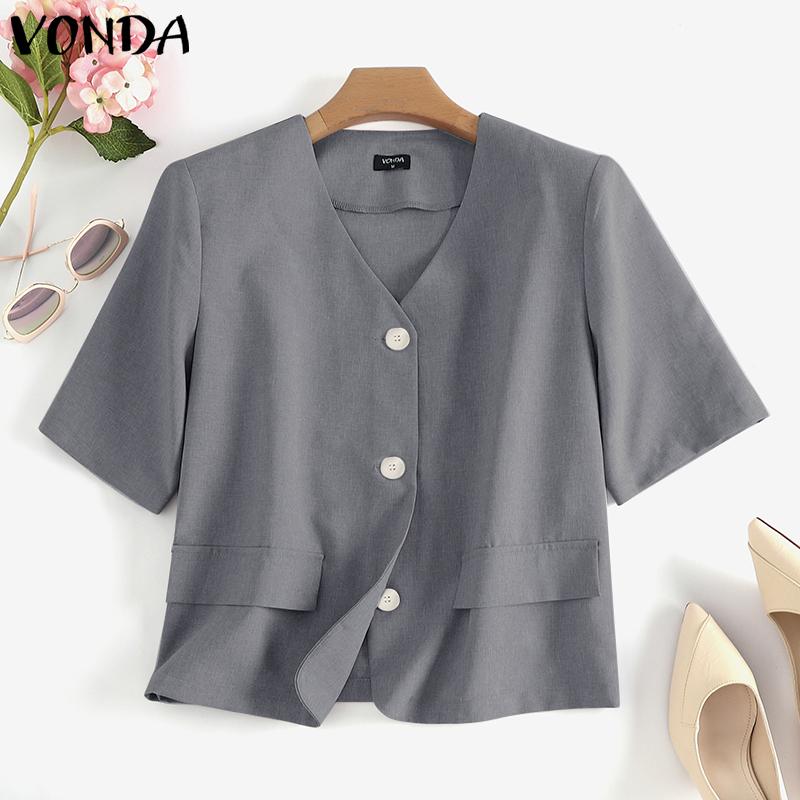 

VONDA весна-лето женские рубашки с глубоким V-образным вырезом и короткими рукавами