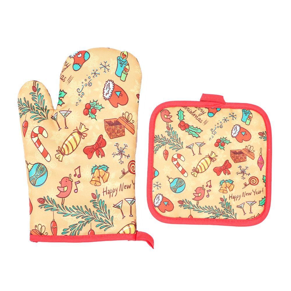 2pcs/set Christmas Baking Santa Claus Kitchen Mat Anti-Hot Pad Microwave Gloves Oven Mitts