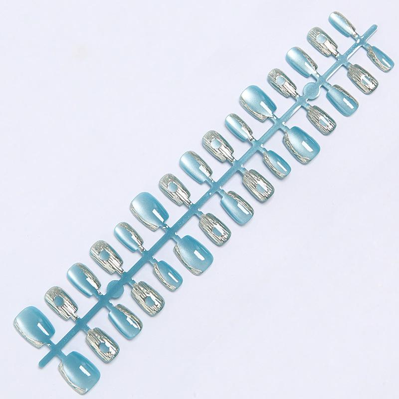 Handmade Elegant Ice Blue Cat Eye Buccellati Gilded Wearable Nail Tips and Finished Stickers.