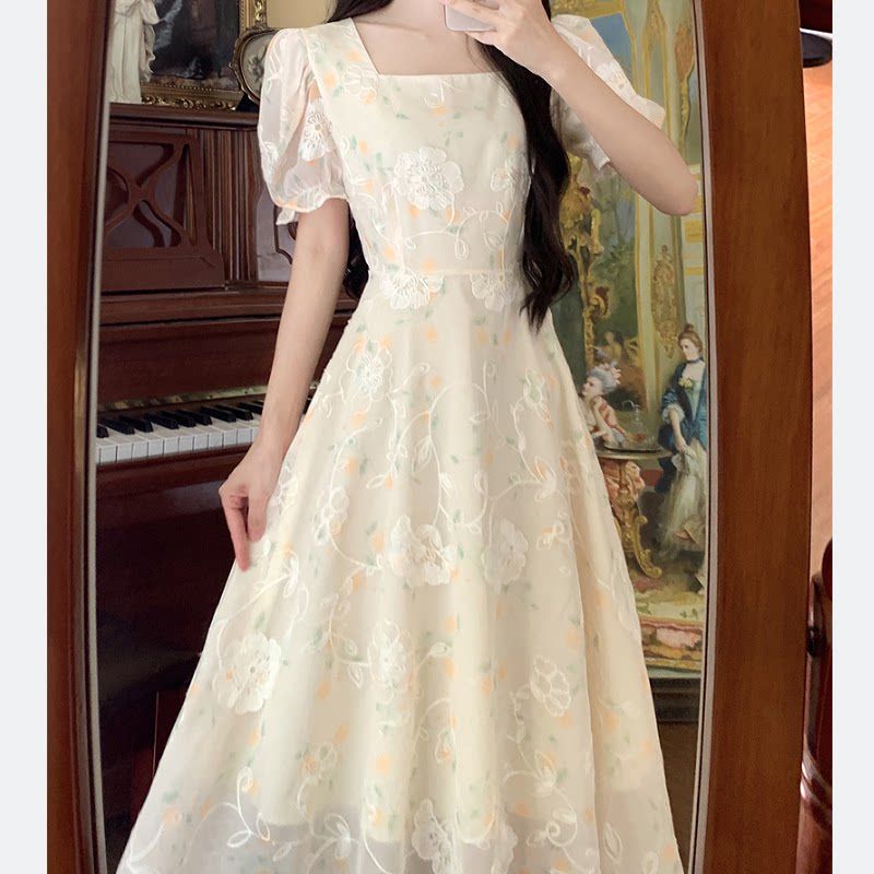 Plus size French style Fresh Dress Women Summer Gentle Embroidery Long dress Chubby Girl Belly Covering Slimming A- line Skirt.