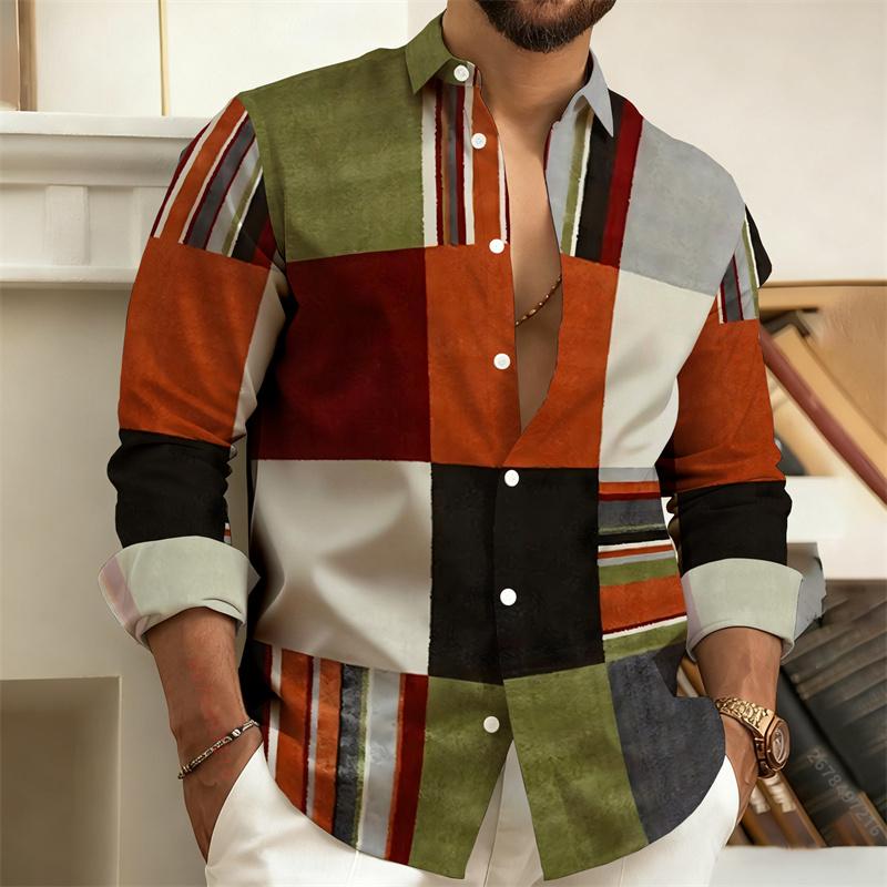Men's Color-Block Geometric Stripe Long-Sleeve Shirt, Business Casual Dress Shirt, Slim-Fit Men's Fashion Top,