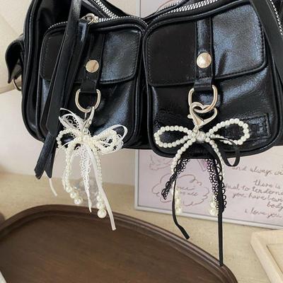 Y2K Sweet Lace Imitation Pearl Bow Keyring Ins Style Bowknot Keychain Trendy Girly Key Holder Bag Pendant Girls Gift