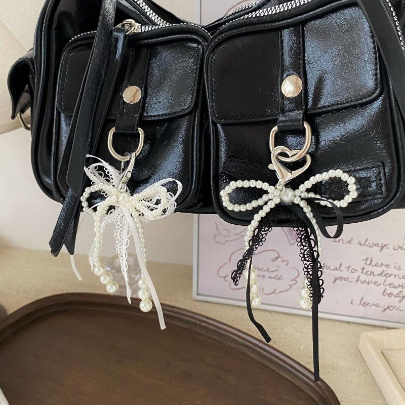 Y2K Sweet Lace Imitation Pearl Bow Keyring Ins Style Bowknot Keychain Trendy Girly Key Holder Bag Pendant Girls Gift