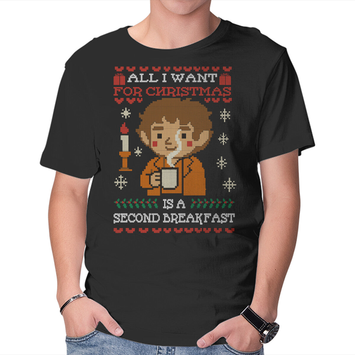 Unisex Crew Neck T-Shirt Second Breakfast Christmas Graphic Short Sleeve Casual Tee XL