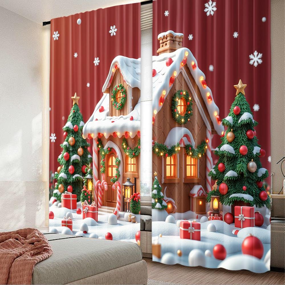 

Set Of 2 Flat Printing Merry Christmas Trendy Curtains Digital Printed Polyester Drapes Birthday Party Perfect Made W100*H70(CM)-Hooks&1PCS