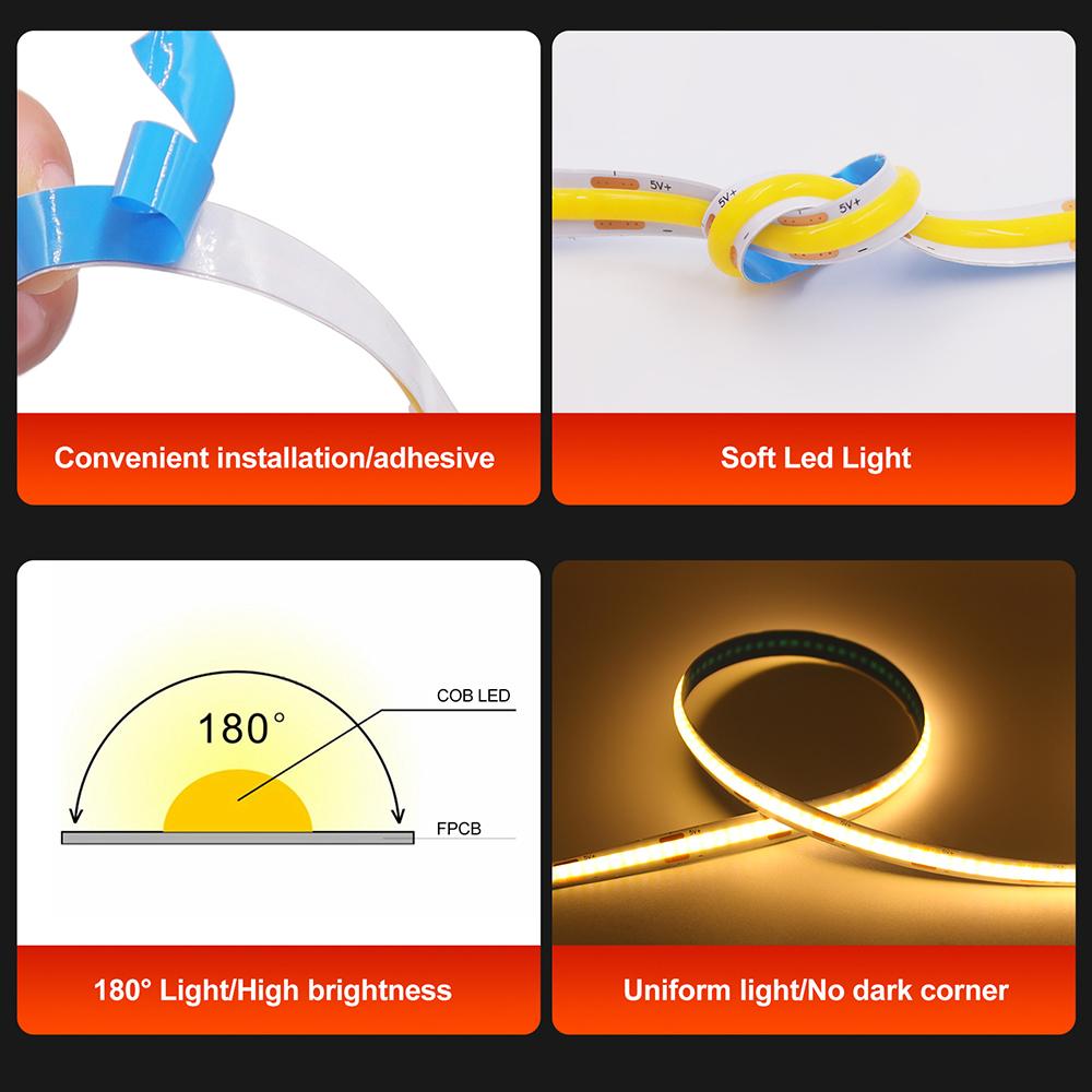 DC 5V COB LED Strip Light With USB 2PIN Wire DC Plug 8MM 320LED High Density Flexible Tape 3000K 4000K 6000K Warm Natural White