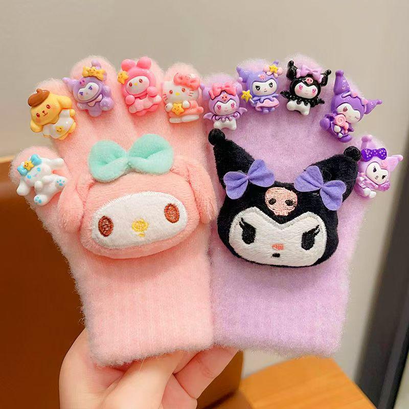 Dziecięce zimowe rękawiczki w stylu kreskówkowej księżniczki z rozdzielonymi palcami - Urocze, ciepłe, pluszowe dla dziewczynek