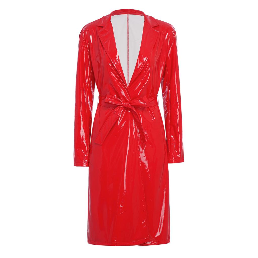 S-3XL Women‘s Long PU Leather Trench Coat: Glossy Lapel Blazer Style with Belt, Casual Open Front Jacket for Streetwear