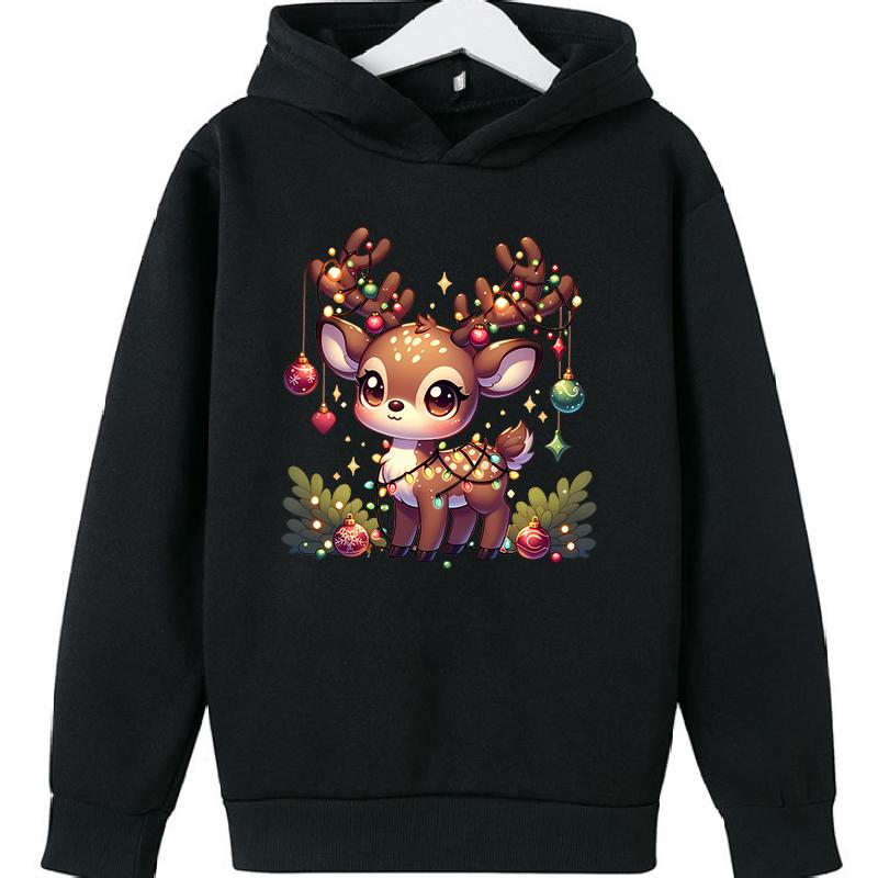 2025 Popular Christmas Casual Round Neck Reindeer Print Children's Hoodie, Long Sleeved Girls' Sportswear, Comfortable and Versatile Top