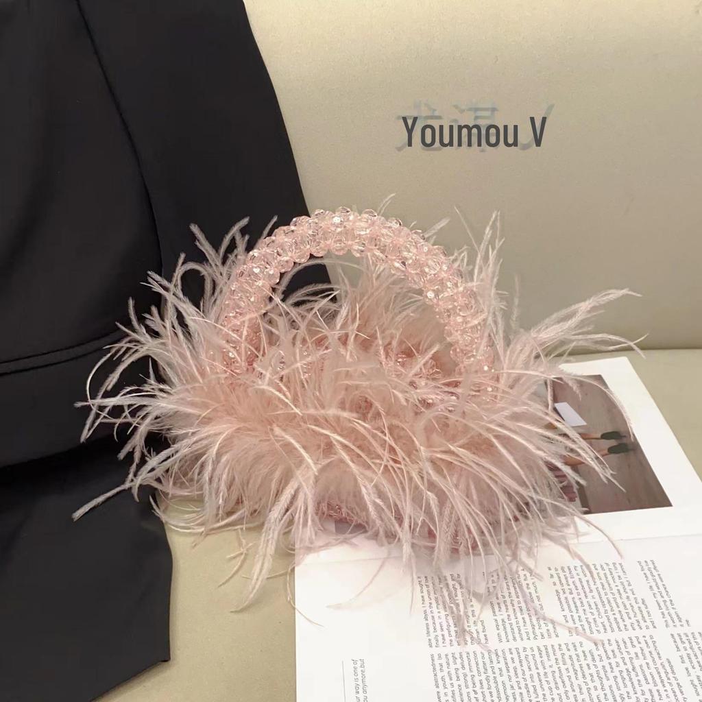 Luxury Candy-Colored Ostrich Feather Beaded Handbag