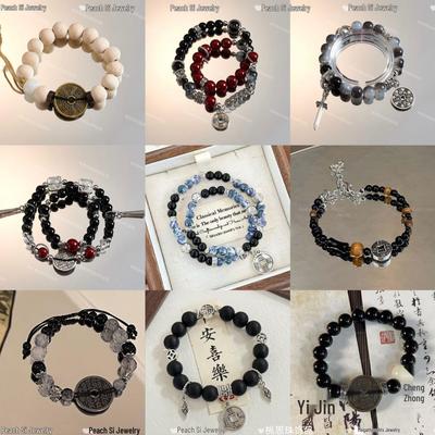 Bracelet Rétro Chinois à Encre et Perles - Cadeau Tendance Sombre pour Hommes