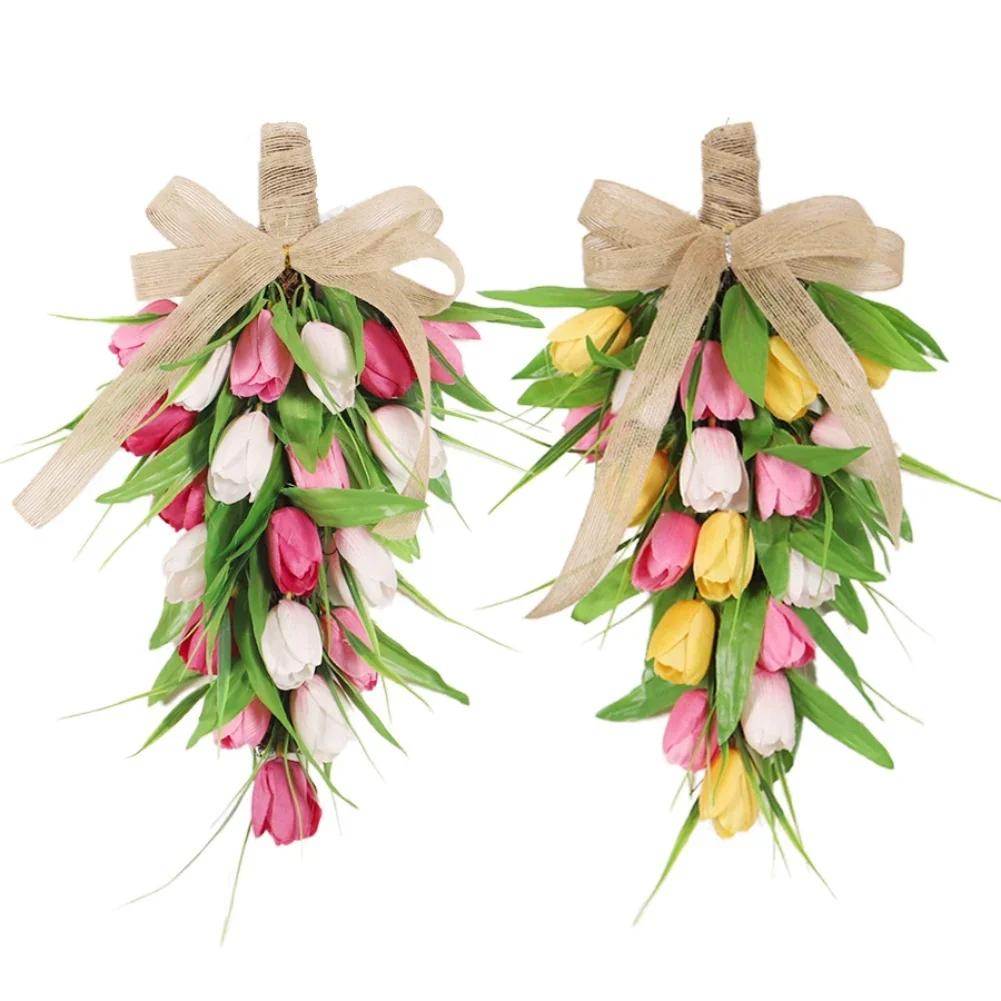 Spring And Summer Decor Artificial Tulips Swag Home Front Door Decor Handmade Floral Arrangement Indoor Outdoor Use