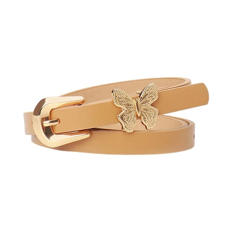 Stylish Gold Butterfly Decorated PU Leather Waist Belt Adjustable Length Waistband Sash for Dresses and Daily Outfits