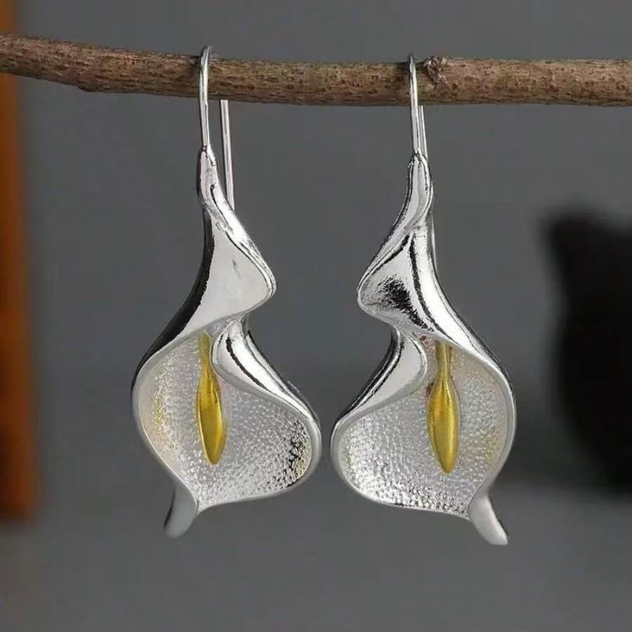 

Sterling Silver Flower Shaped Drop Earrings with Textured Surface and Smooth Hook Closure for Women Elegant Jewelry Accessories One Size