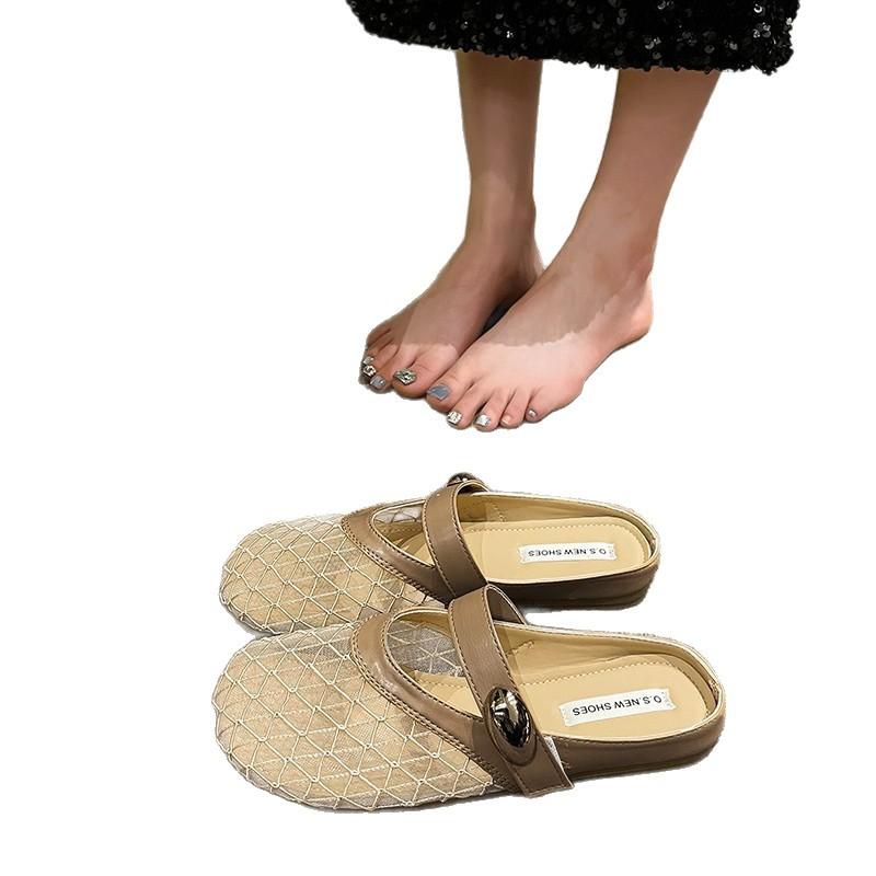 French flat-bottomed bag head half slippers women's summer wear 2025 new one-pedal with skirt single shoes fishing net cool slippers