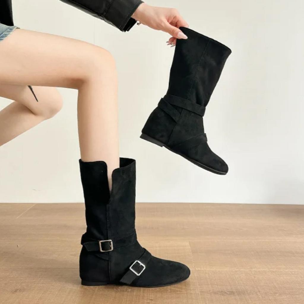 Seoul Inspired Round Toe Motorcycle Boots Women Metal Bule Velvet Surface Knight Sle Mid-Calf Flat Heel Booties Hight Top Shoes