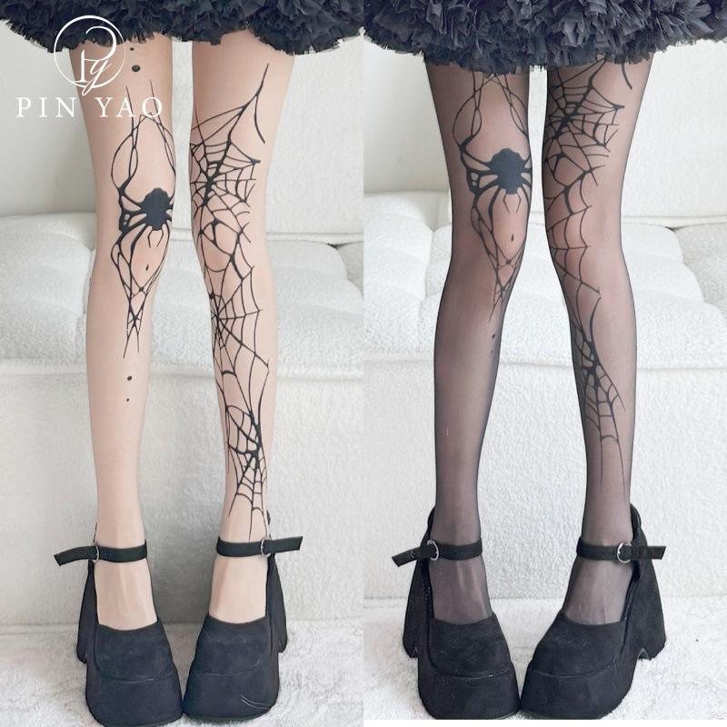 Hot-selling Spider Web Print Stockings Tattoo Thin Black Silk Pantyhose Halloween Cos Leggings
