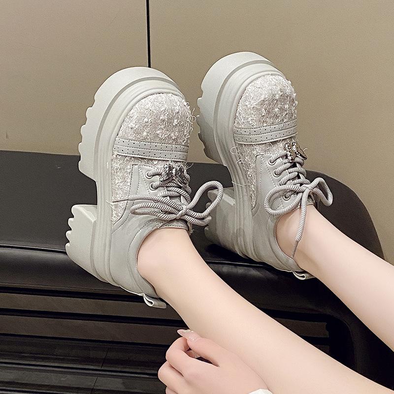 European 2025 new leather sequined cloth thick sole thick heel lace-up low-top shoes single shoes round head loafers women's shoes