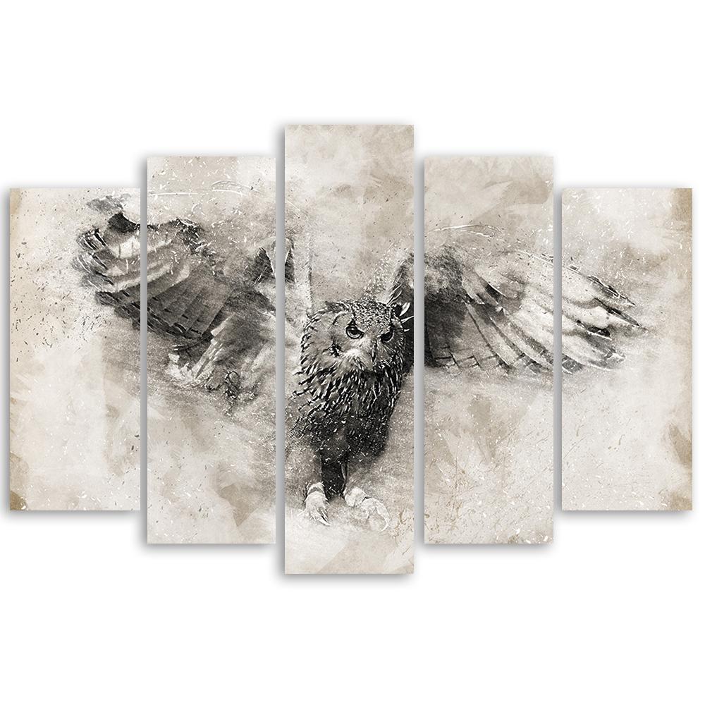 Five Piece Picture Canvas Print Owl Birds Grey Vintage