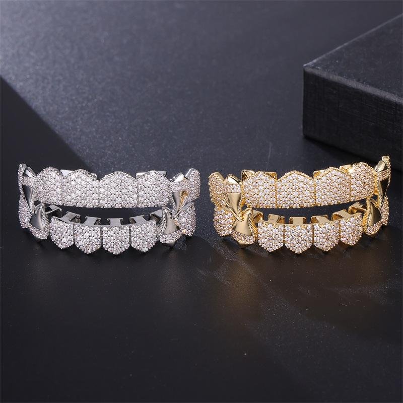Htpwe Hip Hop Full CZ Stones Teeth Grillz Caps Cubic Zircon Iced Out Micro Pave Top&Bottom Charm Grills For Men Women Zircon