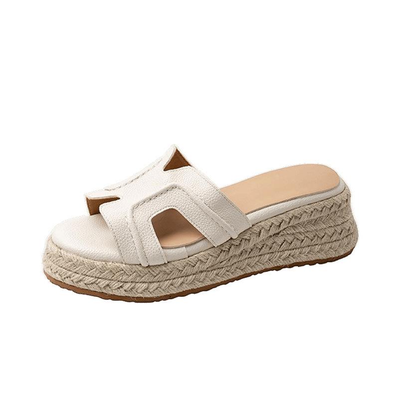 Small thick-soled one-word slippers women's 2025 new summer wear woven wedge heel sandals with skirt cool slippers