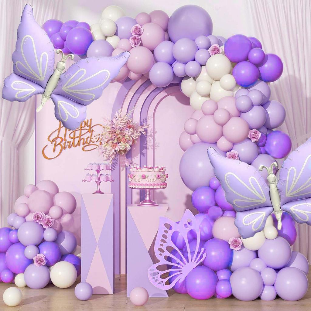 Butterfly Balloon Wreath Set Purple Butterfly Aluminum Film Balloon Macaron Color Series Used for Party and Birthday Dress Up