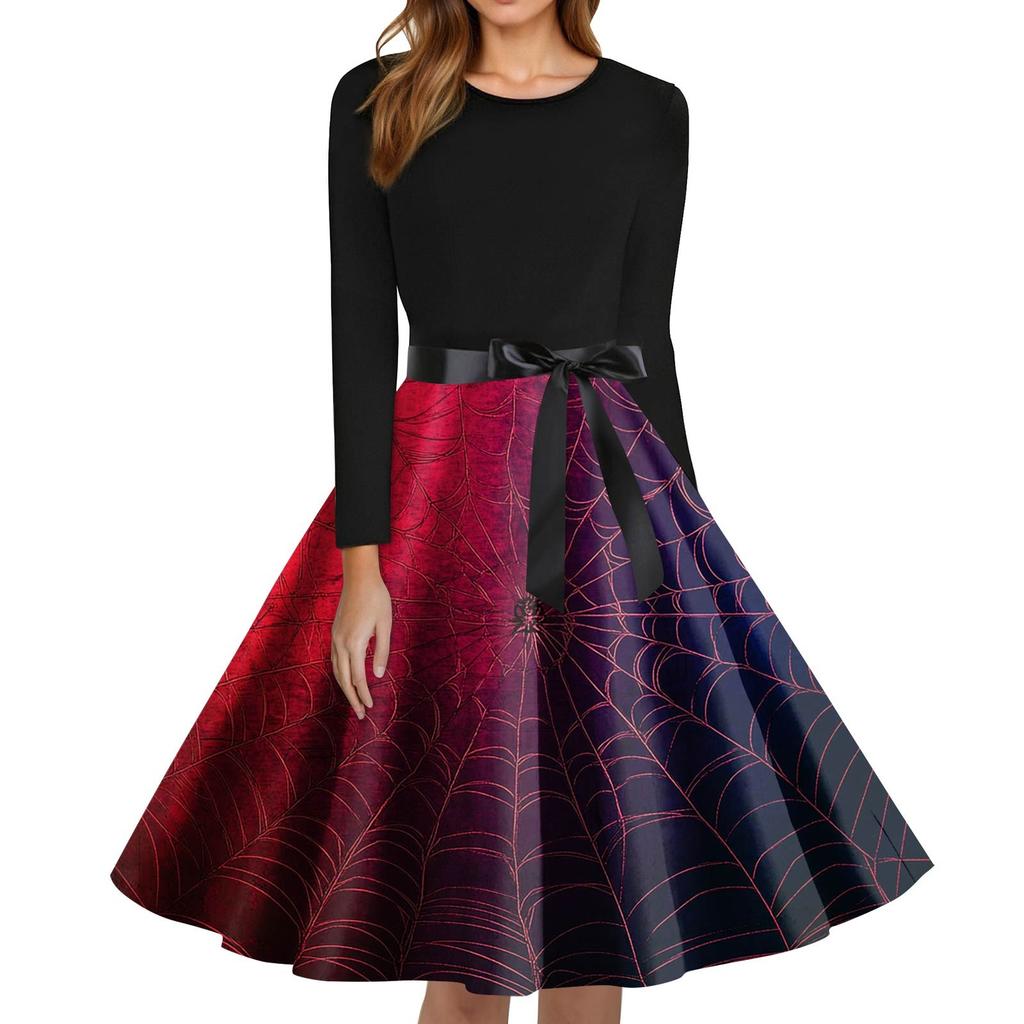 Women's Fashion O-Neck Casual Slim Fit Halloween Printed Long Sleeve Dress