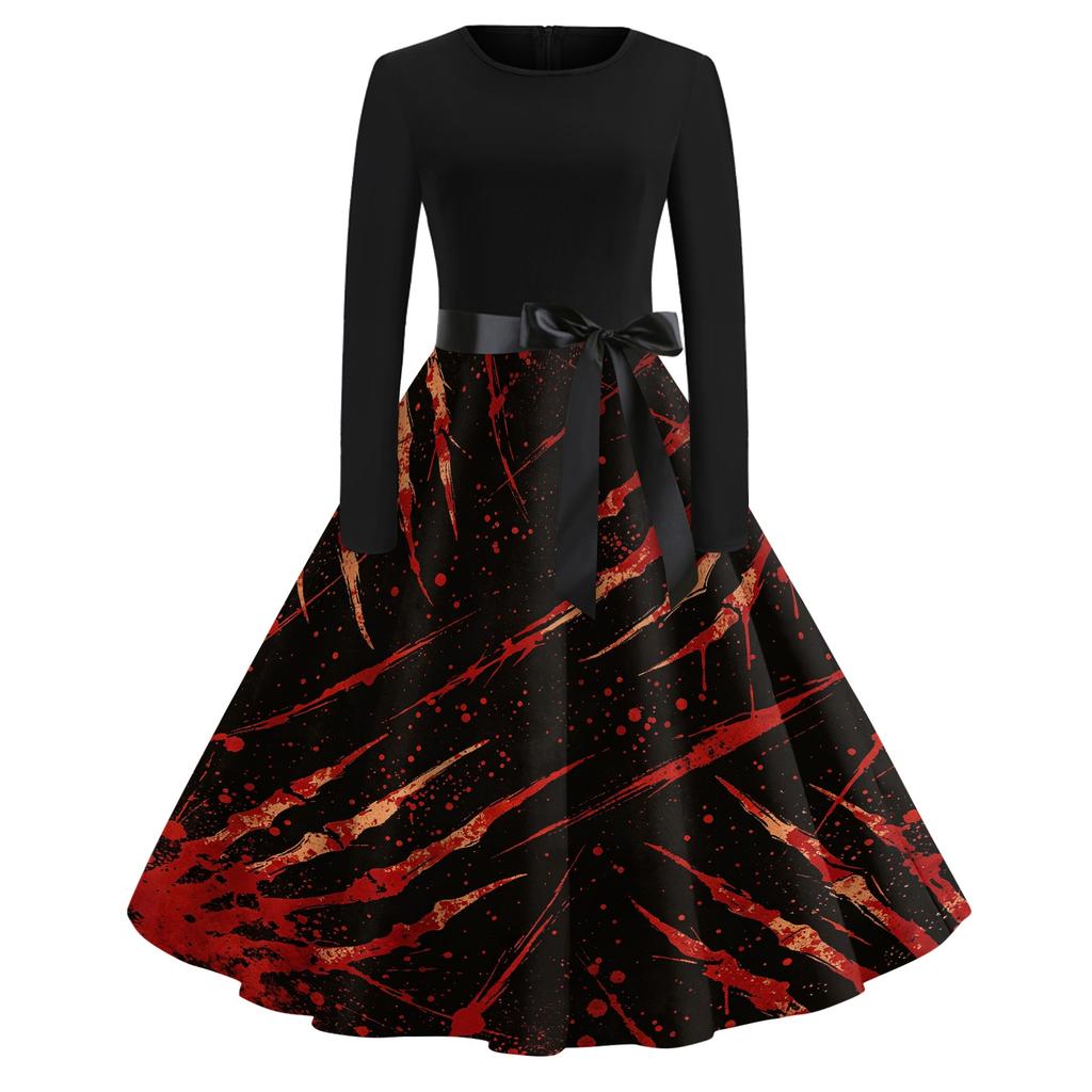 Women's Retro Halloween Print Long Sleeve Neck Casual Dress for Fall Party
