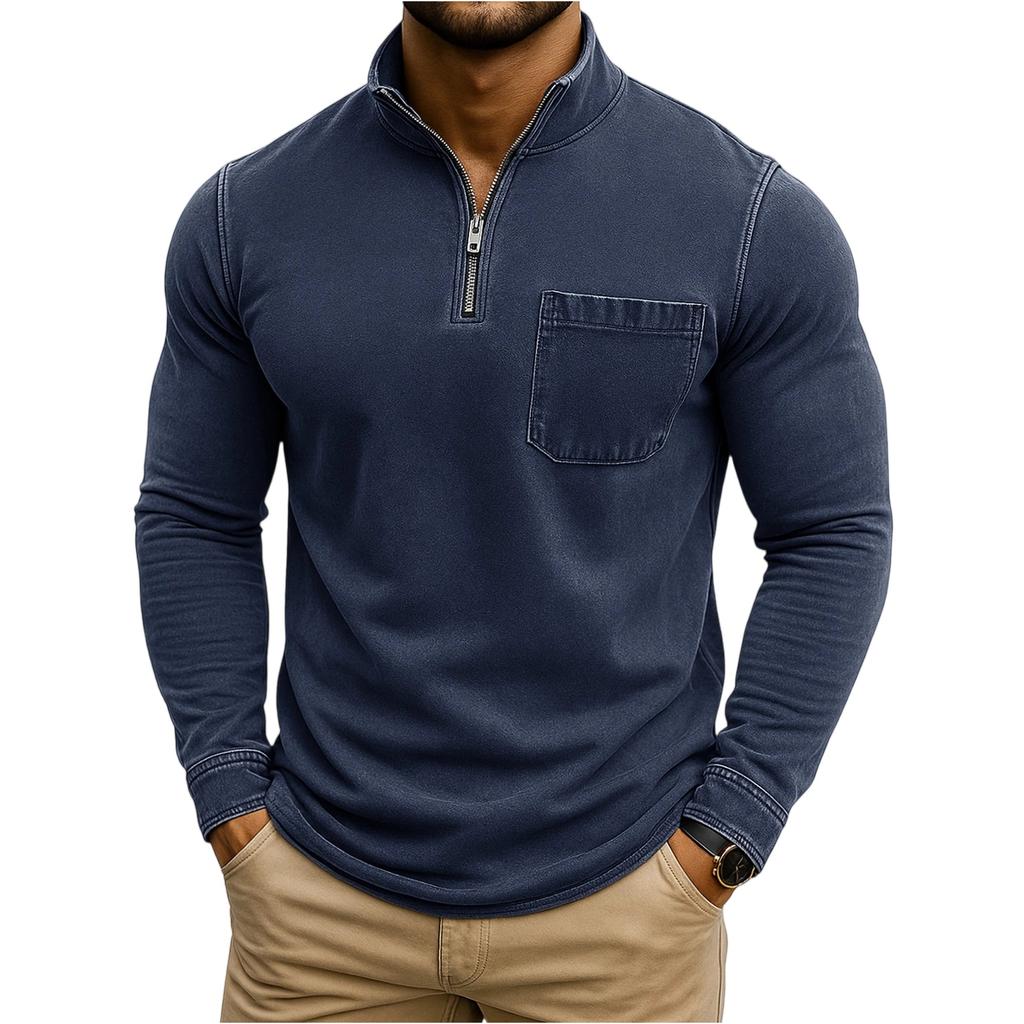 Men's Fashion Solid Color Retro Casual Washed Outdated Quarter Zipper Pocket Long Sleeve T-shirt Top