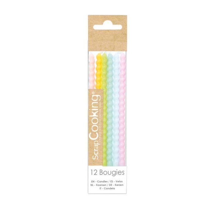 Bougies longues - Torsadées - Pastel - 12 cm - 12 pcs - Multicolore - Blanc
