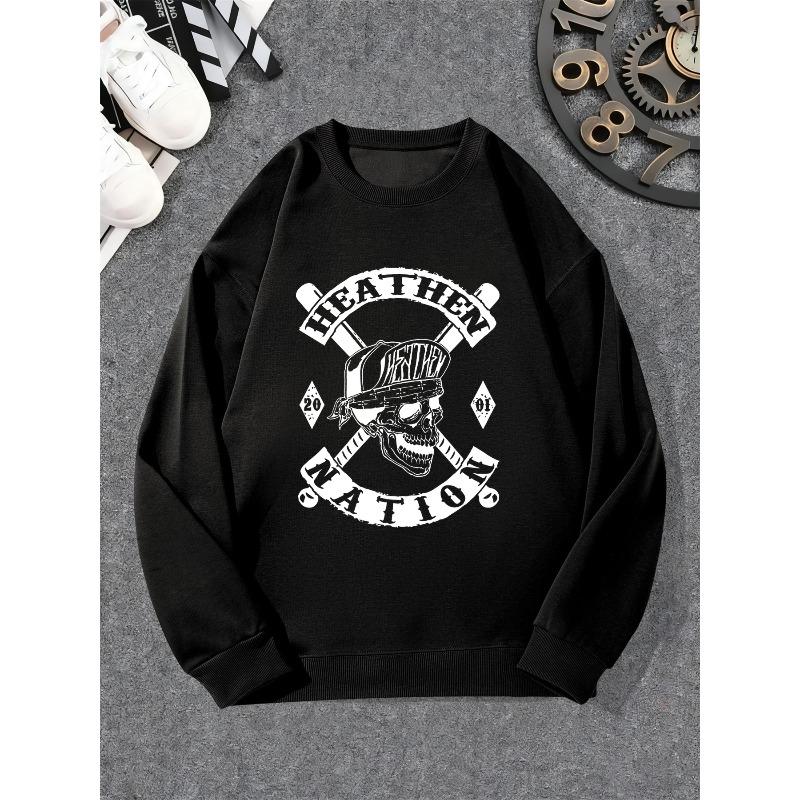 Men's  Skull Print Casual Crewneck Sweatshirt Casual Style, Round Neck with Slight Elasticity and Loose Freedom