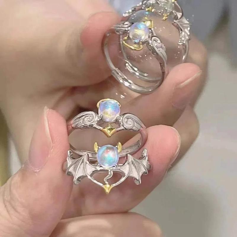 IF ME Angel and Demon Couple Cartoon Ring Moonlight Stone Gift for Male and Female Friends Opening Ring Adjustable Lovers Jewelry Gift
