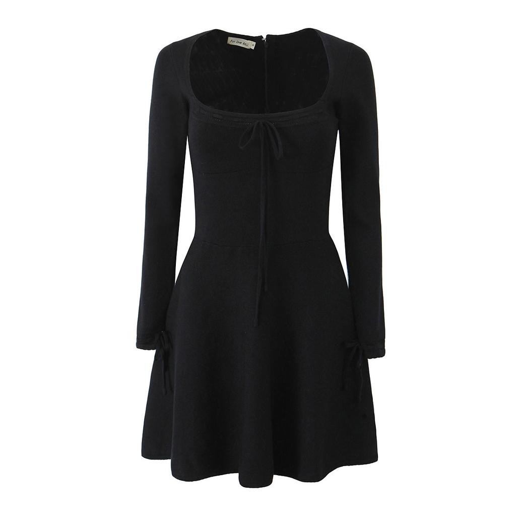 European and American French Pure Desire Style Retro Square Neck Bow Knitted Short Skirt Female Slim and Thin Temperament A-word Dress