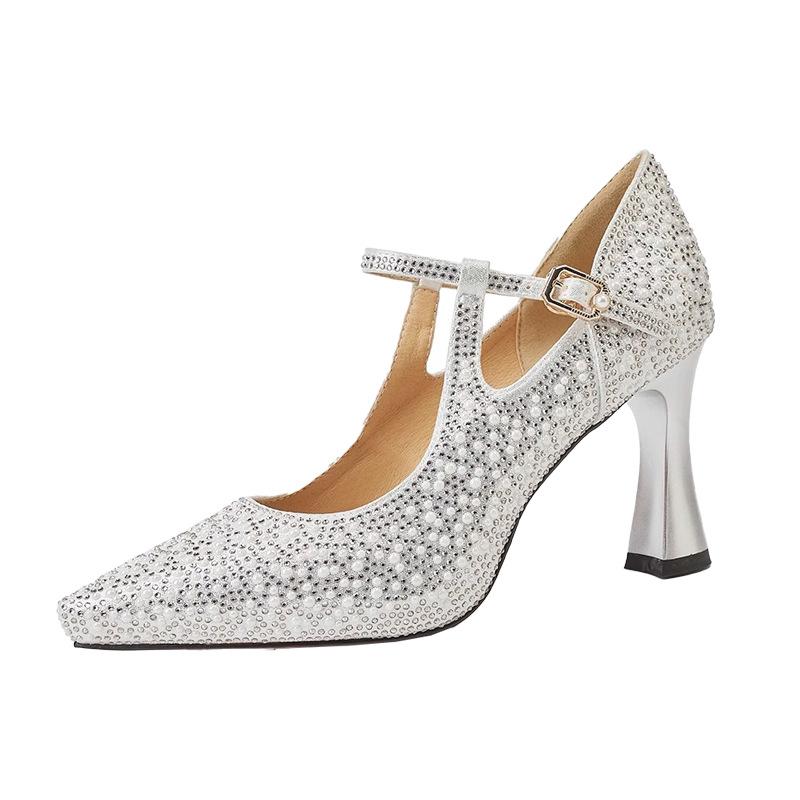 Rhinestone Pointed Single Shoes Women's Spring and Autumn New One-word Buckle Shallow Mouth with Cheongsam Shoes Wedding Shoes High Heels Women