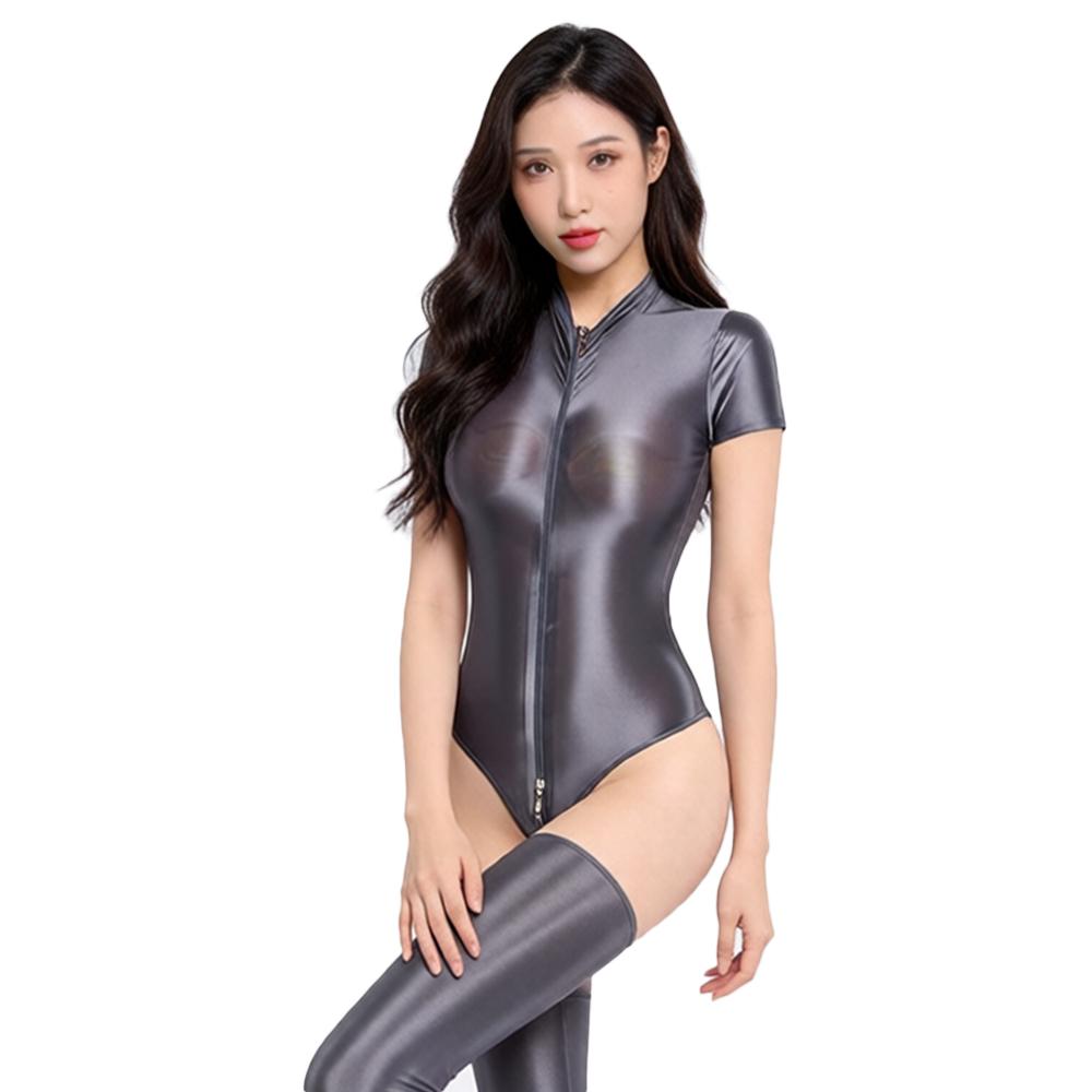 Women Stain Smooth High Cut Bodysuit Two Way Zipper Open Crotch Elastic Tights Oil Glossy Shiny Yoga Shaping Maid Leotard