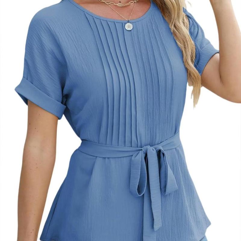 Ruffled Pleated Round Neck Short-sleeved Top Fashion Women's Commuter All-match Temperament Elegant Casual T-shirt R-88083
